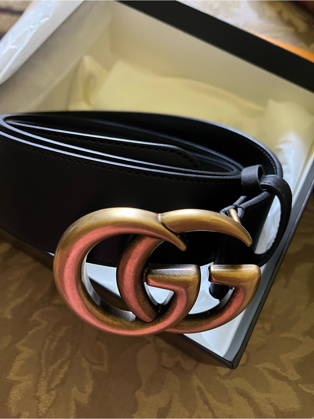 Gucci Black Leather Belt with Aged Gold GG Buckle